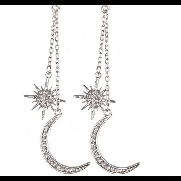 Silver Moon & Star Stud Dangling Earrings - Picture 1 of 3